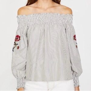 NWT Elegant Off-Shoulder Striped Blouse with Floral Embroidery Sz 10